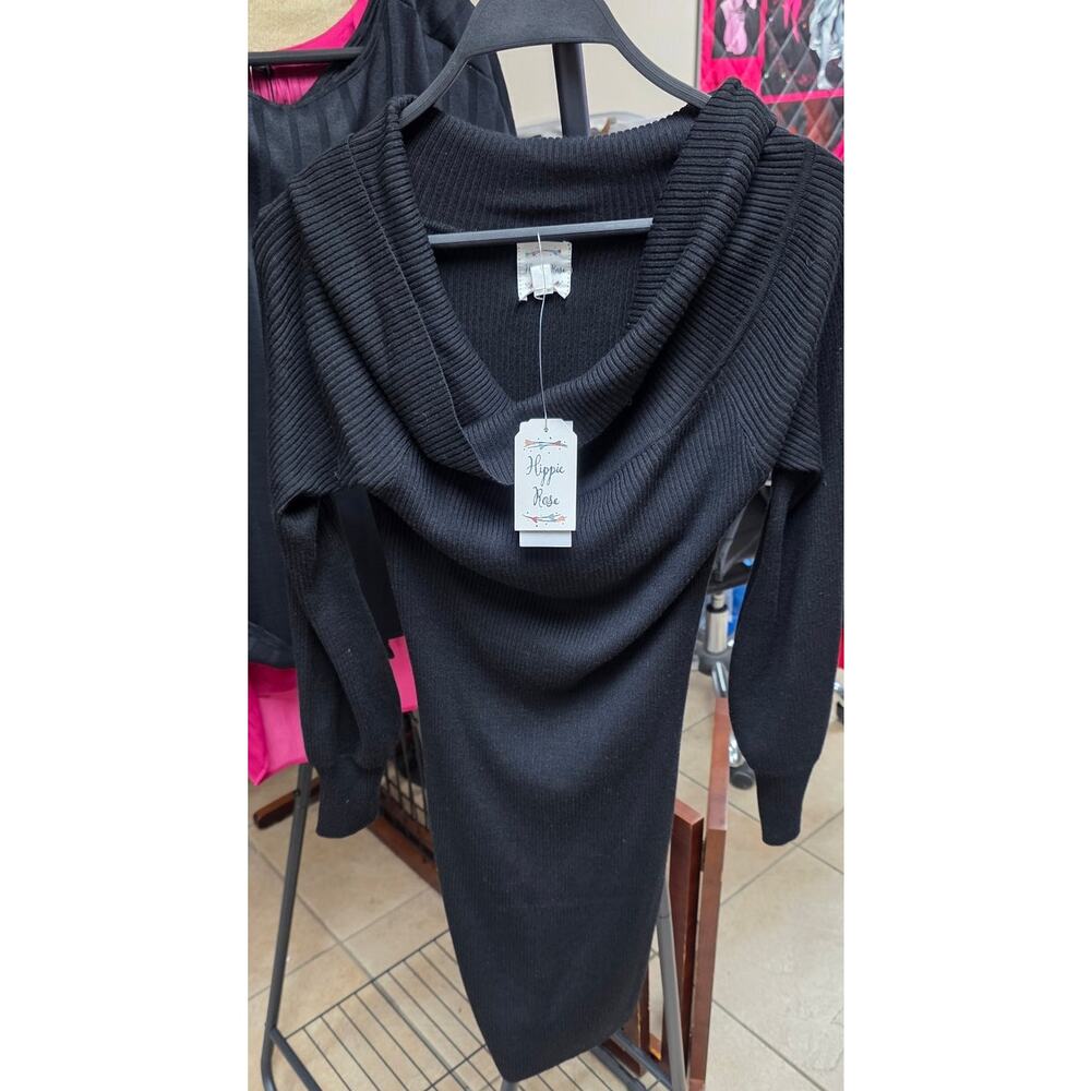 Hippie Rose Juniors' Off-The-Shoulder Long-Sleeve Sweater Dress Black M - Picture 2 of 5